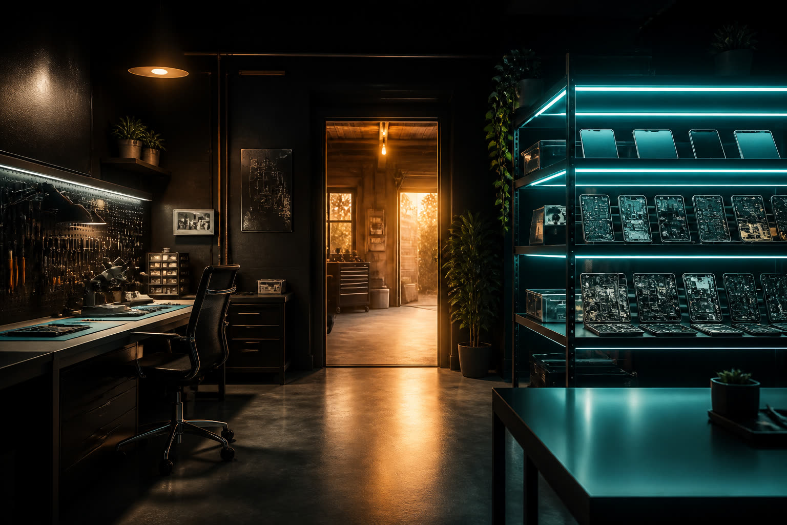 Modern dark repair shop with cyan shelving and a warm workbench light