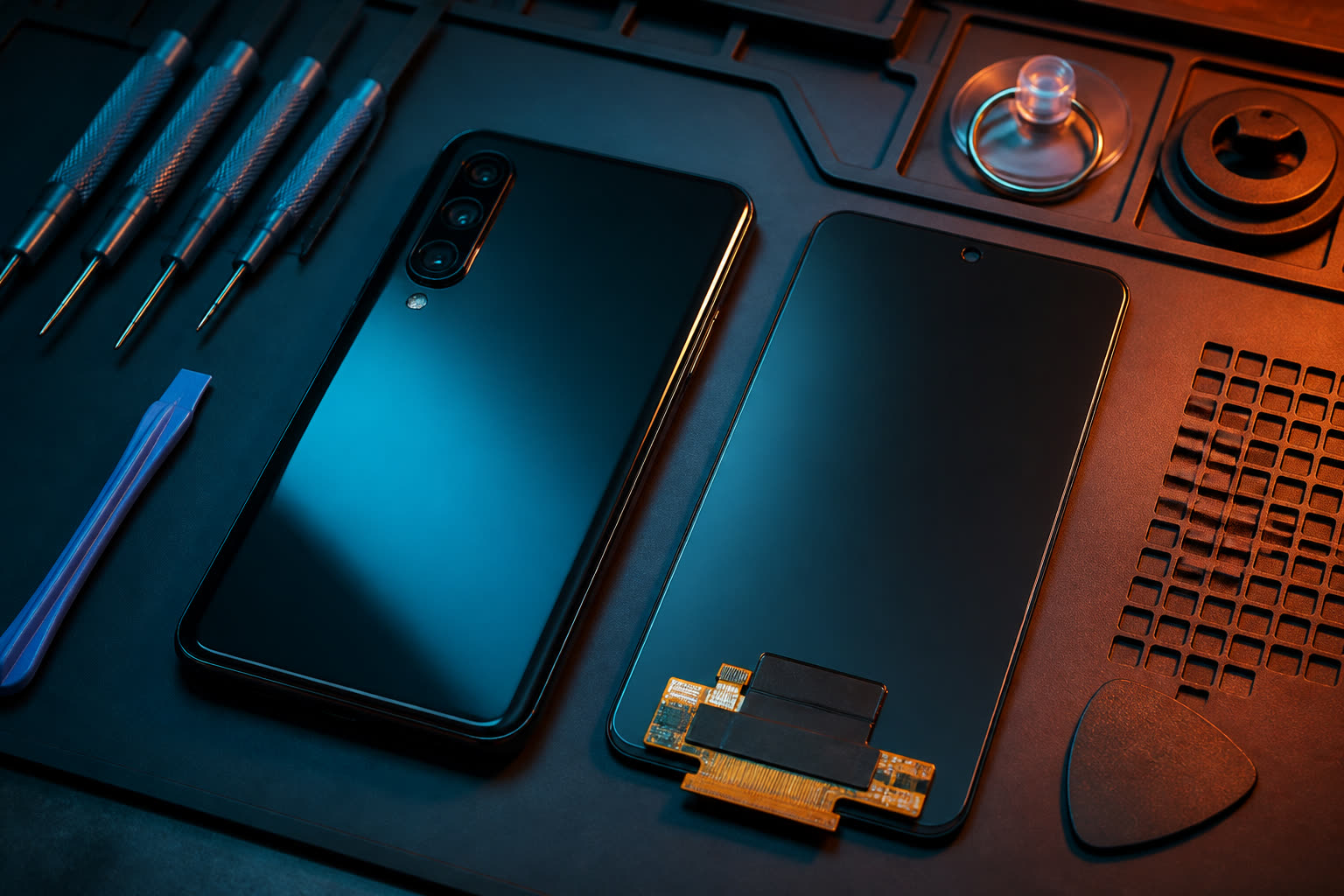 Android phone face-down next to a replacement screen