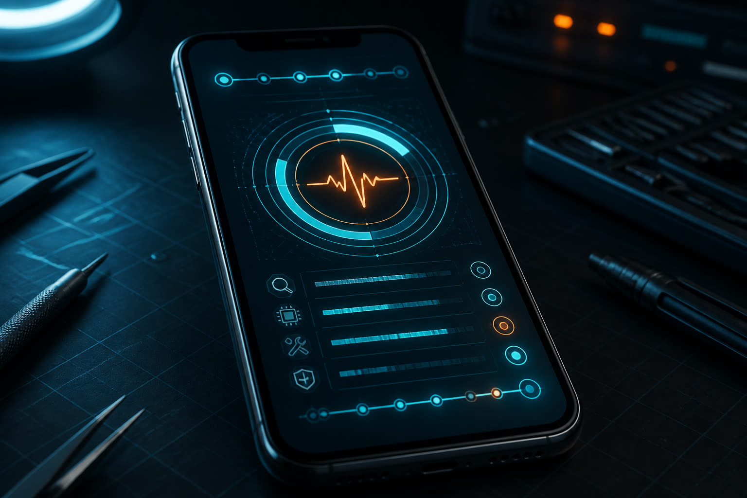 Phone showing a diagnostic interface on a repair mat