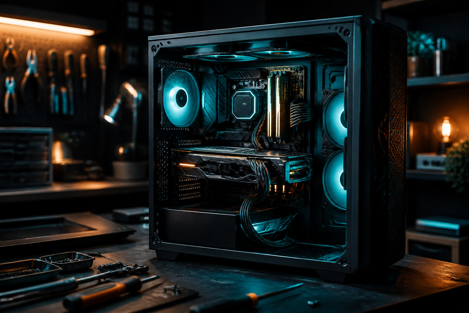 Open desktop PC case with cyan fans on a workbench