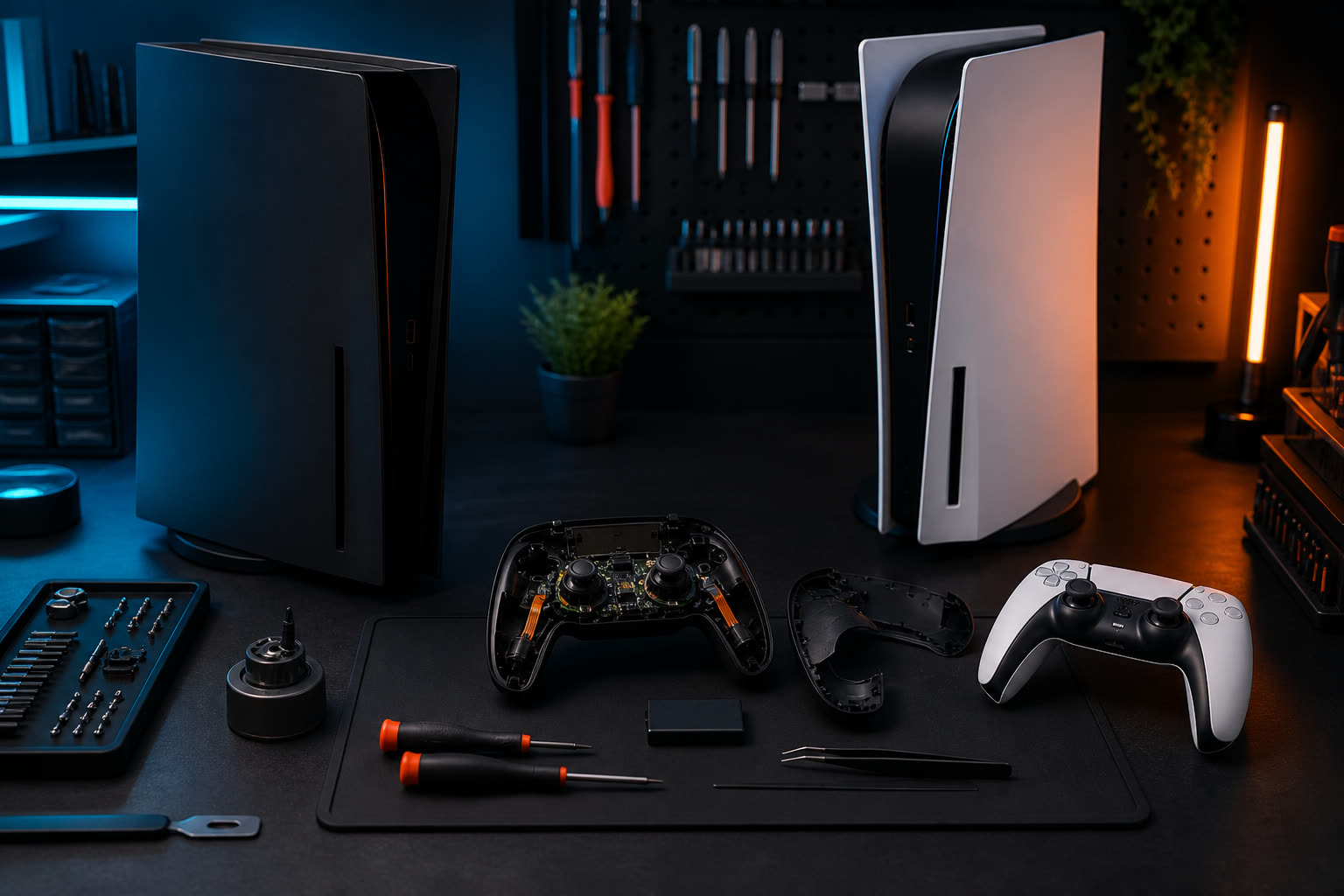Game consoles and an opened controller on a repair bench