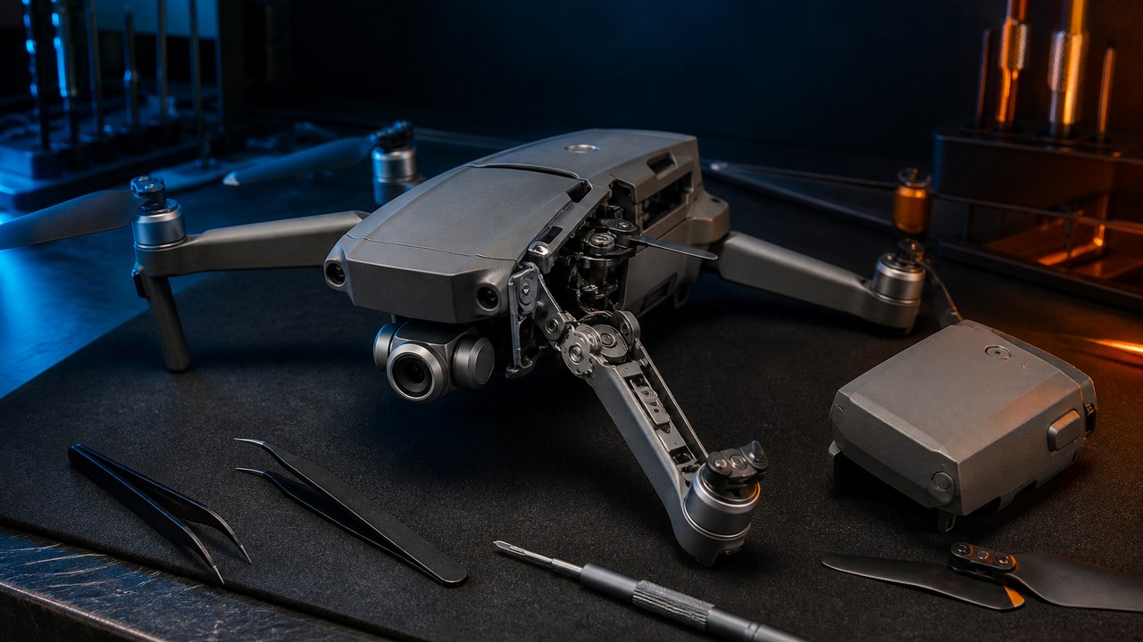 Camera drone on a repair bench
