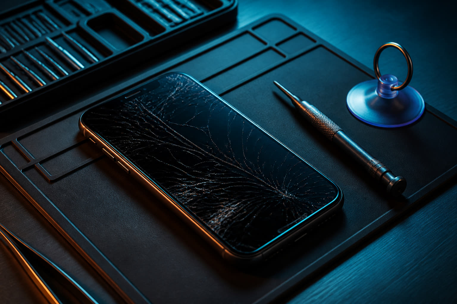 Cracked iPhone on a repair mat